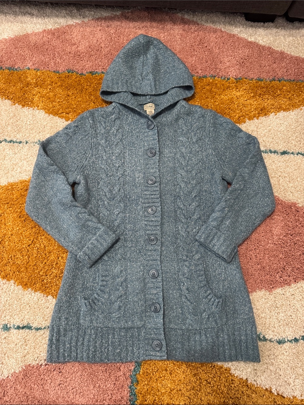 L.L.Bean Blue Cable Knit Hooded Longline Cardigan Medium Wool Blend